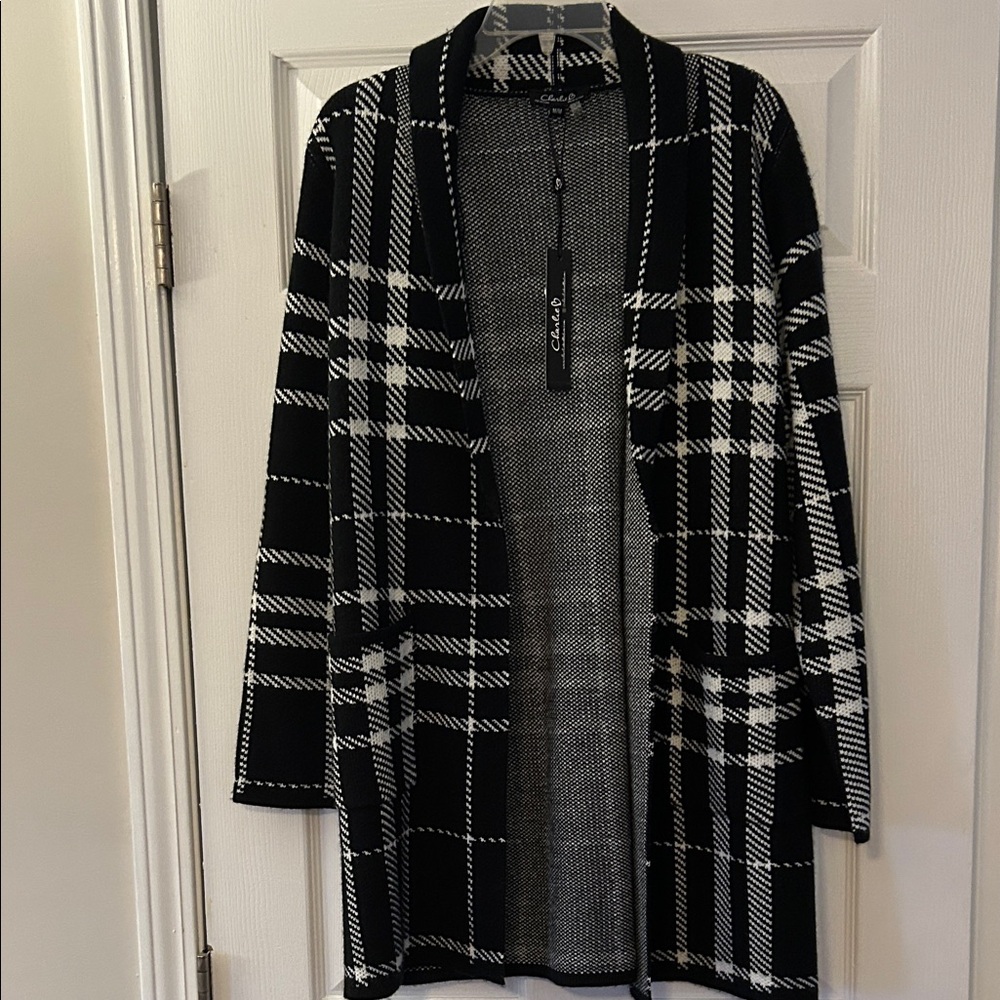 CHARLIE B Black and White Plaid Cardigan